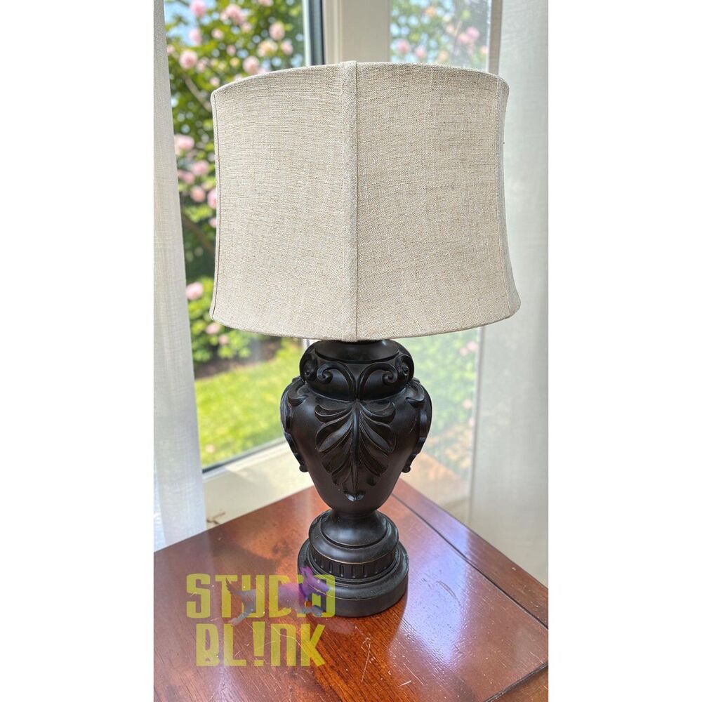 Carved Urn-Style Table Lamp, Black Finish, Linen Drum Shade